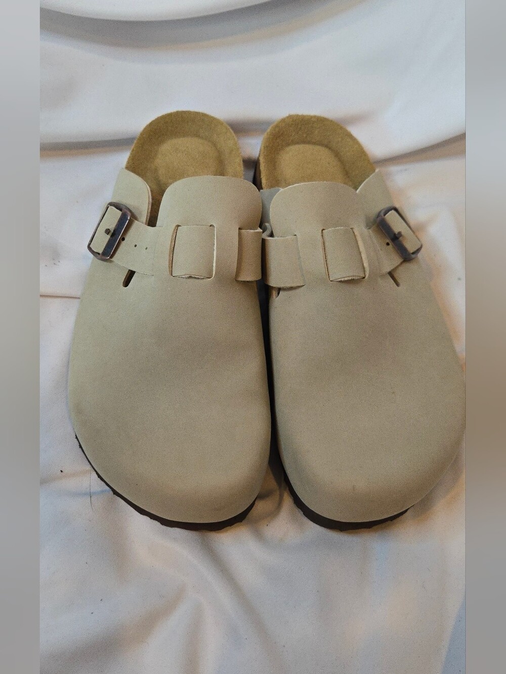 Cushionaire Hana Beige Slip-On Buckle Cork Vegan Suede Tan Clog Womens 9